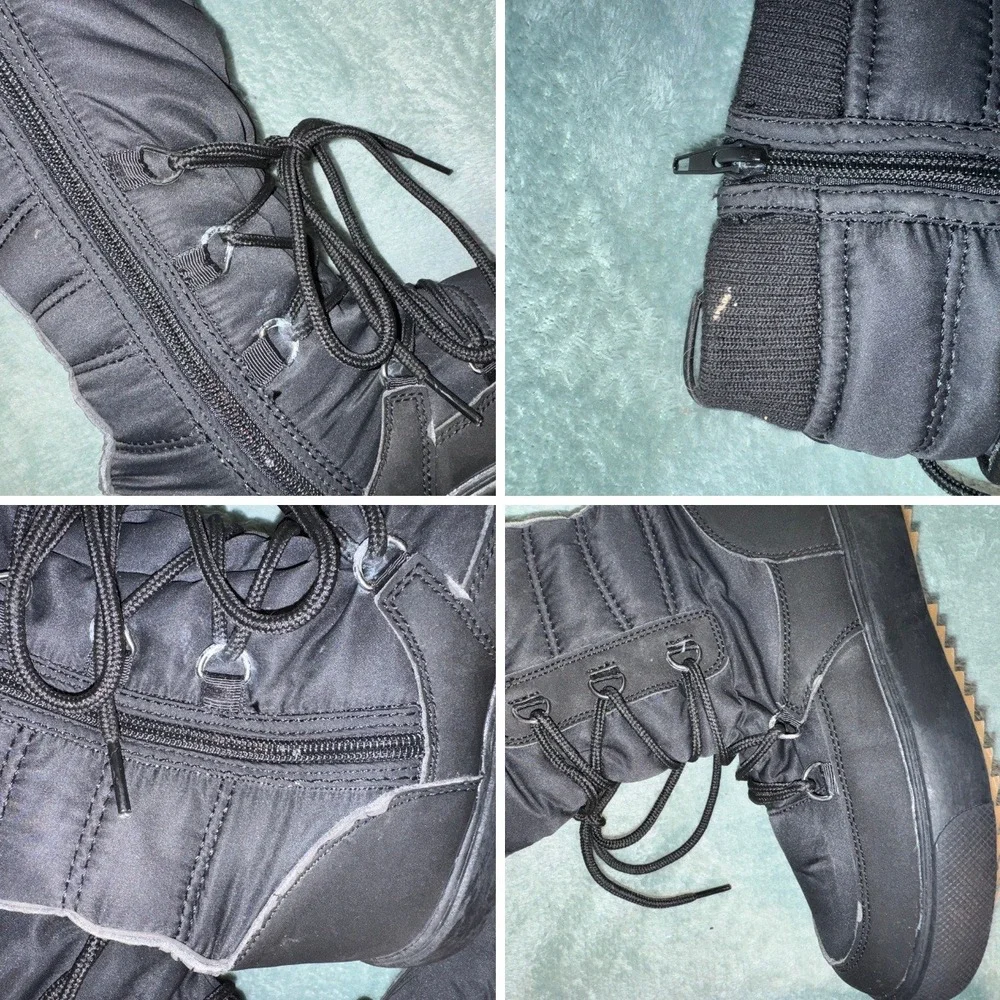 Unbranded Womens Tall Quilted Snow Boots 7 Black Lace Up Side Zip Thermal